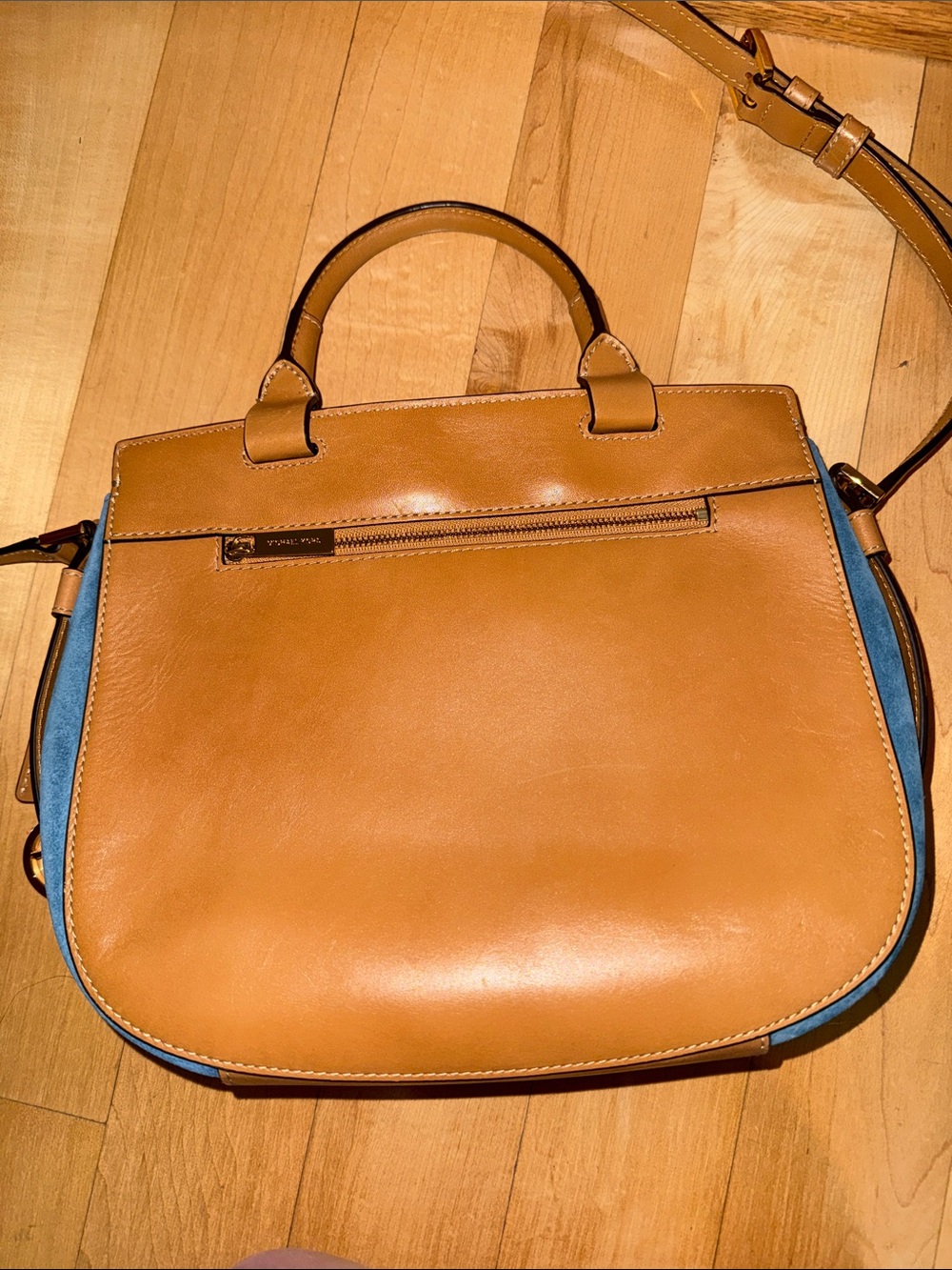 Michael Kors Romy Blue Suede Satchel with Tan Leather Trim and Strap - Picture 5 of 8